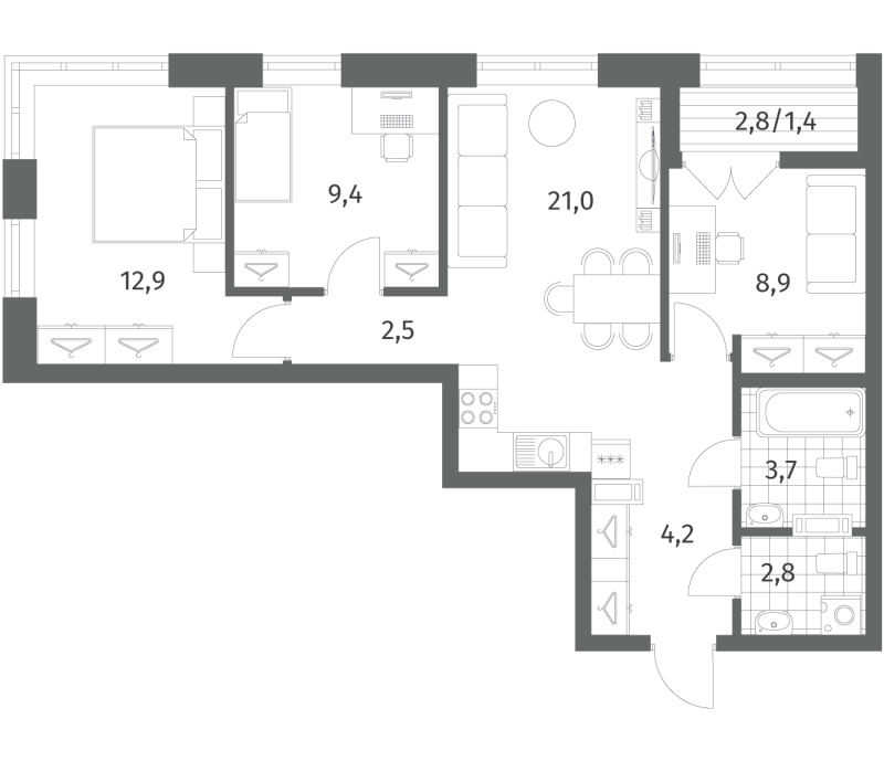 3-комнатная квартира, 66.94 м² в ЖК "NewПитер 2.0" - планировка, фото №1