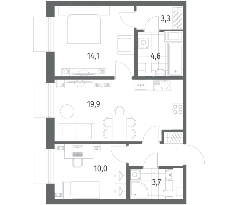 3-комнатная (Евро) квартира, 59.3 м² в ЖК "Парусная 1" - планировка, фото №1