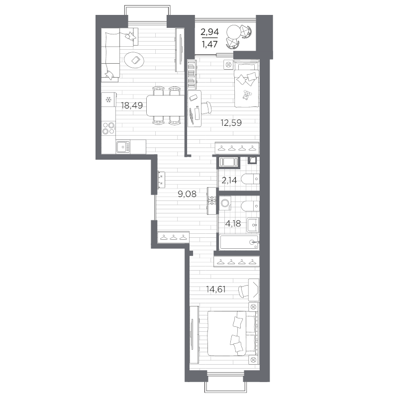 3-комнатная (Евро) квартира, 62.56 м² в ЖК "Респект" - планировка, фото №1