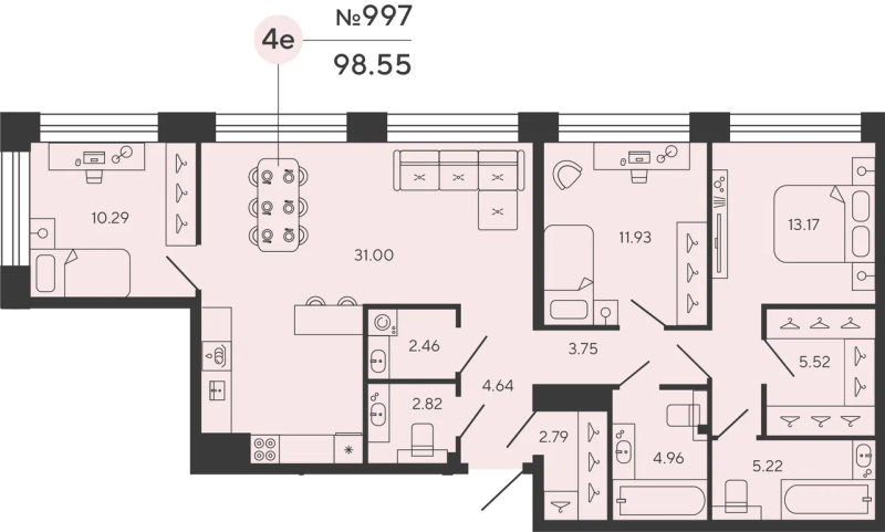 4-комнатная (Евро) квартира, 98.55 м² в ЖК "Bashni Element" - планировка, фото №1