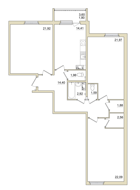 3-комнатная квартира, 107.6 м² в ЖК "Granholm Village" - планировка, фото №1