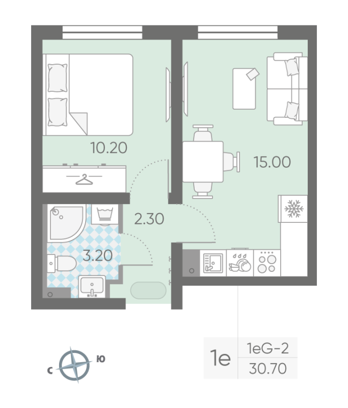 2-комнатная (Евро) квартира, 30.7 м² - планировка, фото №1