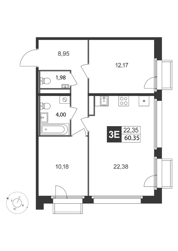 3-комнатная (Евро) квартира, 60.35 м² в ЖК "Слобода" - планировка, фото №1