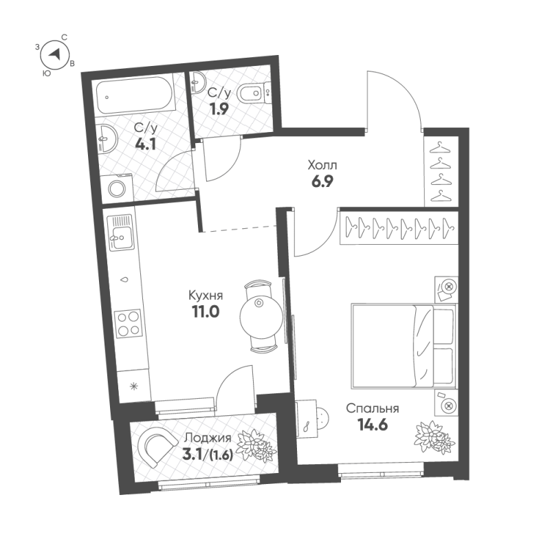 1-комнатная квартира, 40.1 м² в ЖК "Ягодное Река Парк" - планировка, фото №1