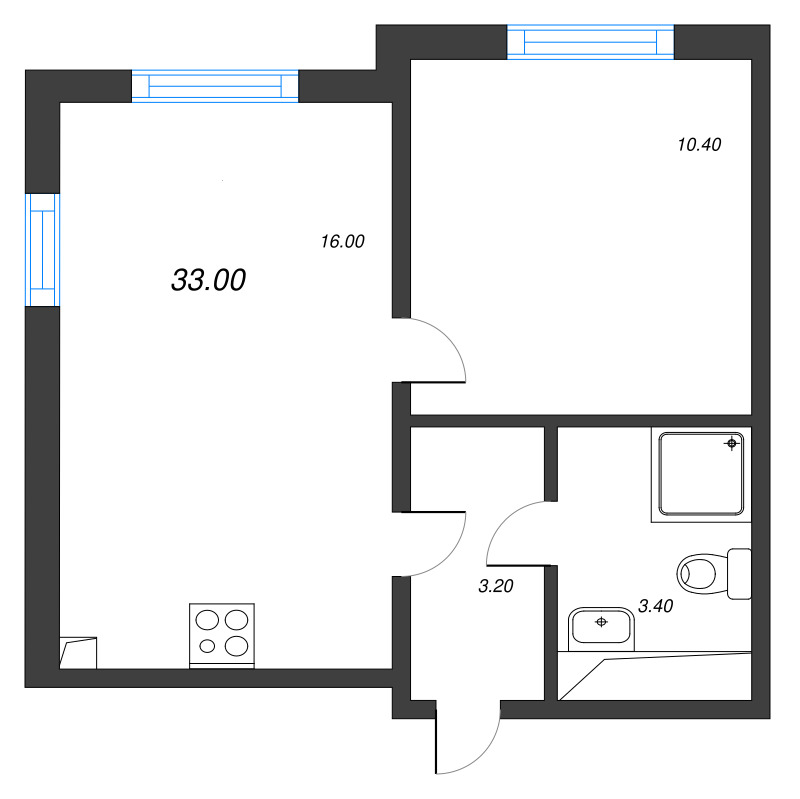 2-комнатная (Евро) квартира, 33 м² в ЖК "Дыбенко Парк" - планировка, фото №2