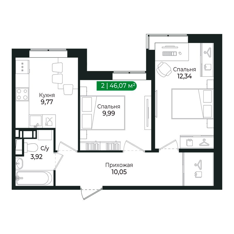2-комнатная квартира, 46.4 м² в ЖК "Сертолово Парк" - планировка, фото №1