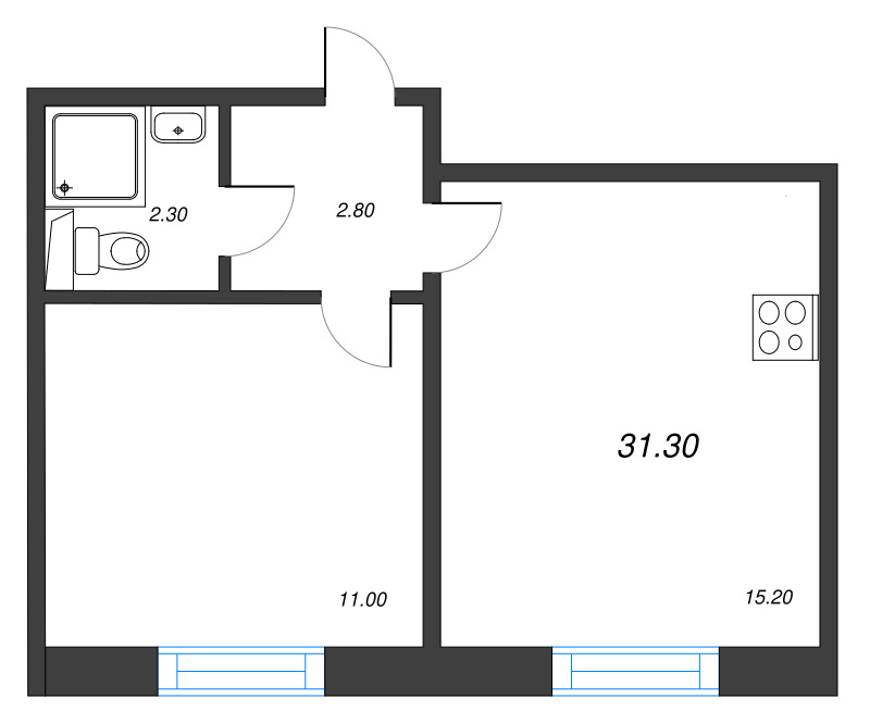 2-комнатная (Евро) квартира, 31.3 м² в ЖК "ЛСР. Ржевский парк" - планировка, фото №1