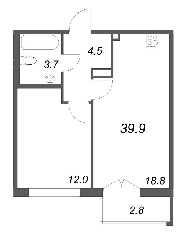 2-комнатная (Евро) квартира, 39.9 м² в ЖК "Кронунг ЮГ" - планировка, фото №1