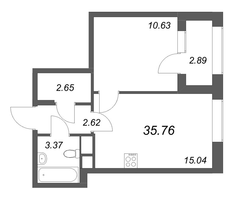 2-комнатная (Евро) квартира, 35.76 м² в ЖК "Аурум" - планировка, фото №1