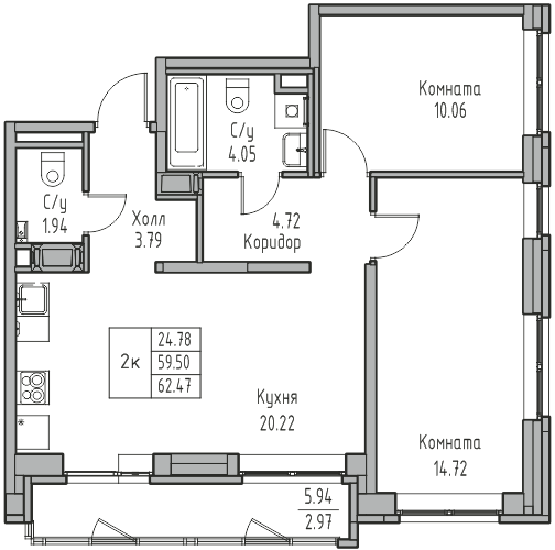 3-комнатная (Евро) квартира, 62.47 м² в ЖК "Юнтолово" - планировка, фото №1