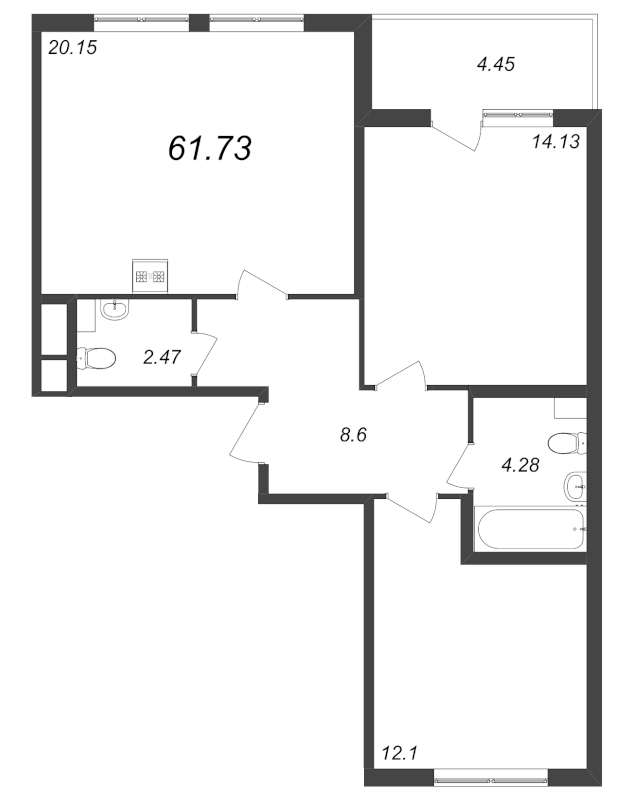 3-комнатная (Евро) квартира, 61.73 м² - планировка, фото №1