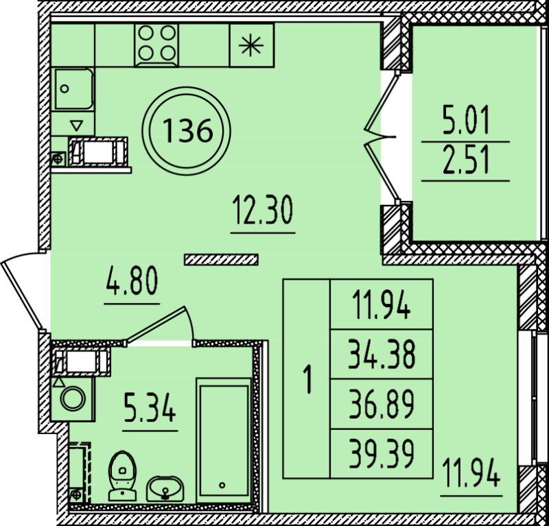 1-комнатная квартира, 34.38 м² в ЖК "Образцовый квартал 14" - планировка, фото №1