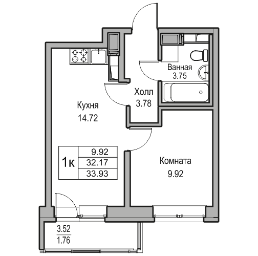 1-комнатная квартира, 33.93 м² в ЖК "Юнтолово" - планировка, фото №1