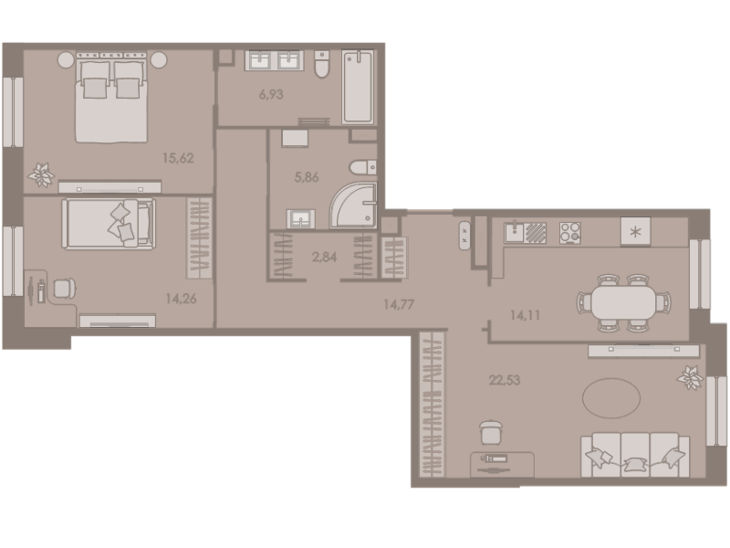 3-комнатная квартира, 96.7 м² - планировка, фото №1
