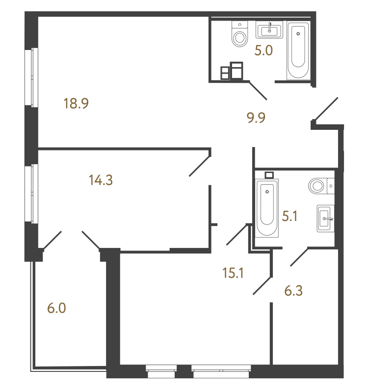 3-комнатная (Евро) квартира, 74.6 м² в ЖК "Репин" - планировка, фото №1