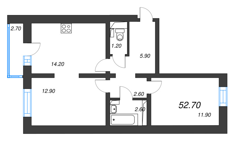 2-комнатная квартира, 53 м² в ЖК "Цветной город" - планировка, фото №1