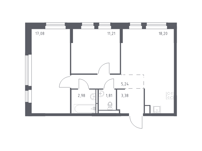 3-комнатная (Евро) квартира, 59.9 м² - планировка, фото №1