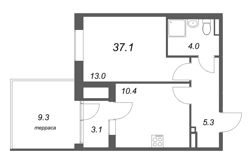 1-комнатная квартира, 37.1 м² в ЖК "Экография" - планировка, фото №1