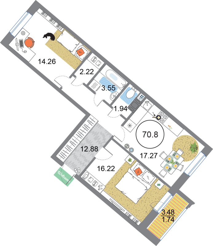 3-комнатная (Евро) квартира, 70.08 м² в ЖК "Modum" - планировка, фото №1