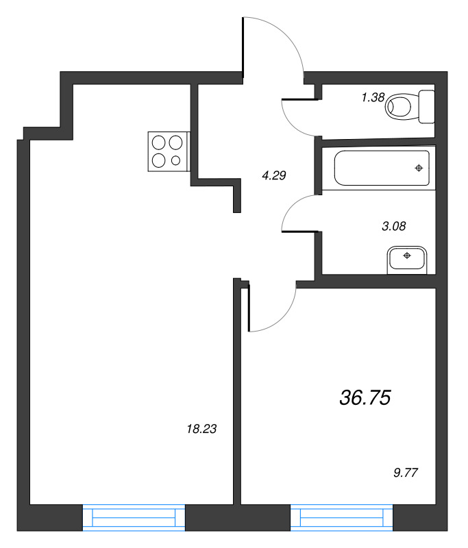2-комнатная (Евро) квартира, 36.75 м² в ЖК "Старлайт" - планировка, фото №1