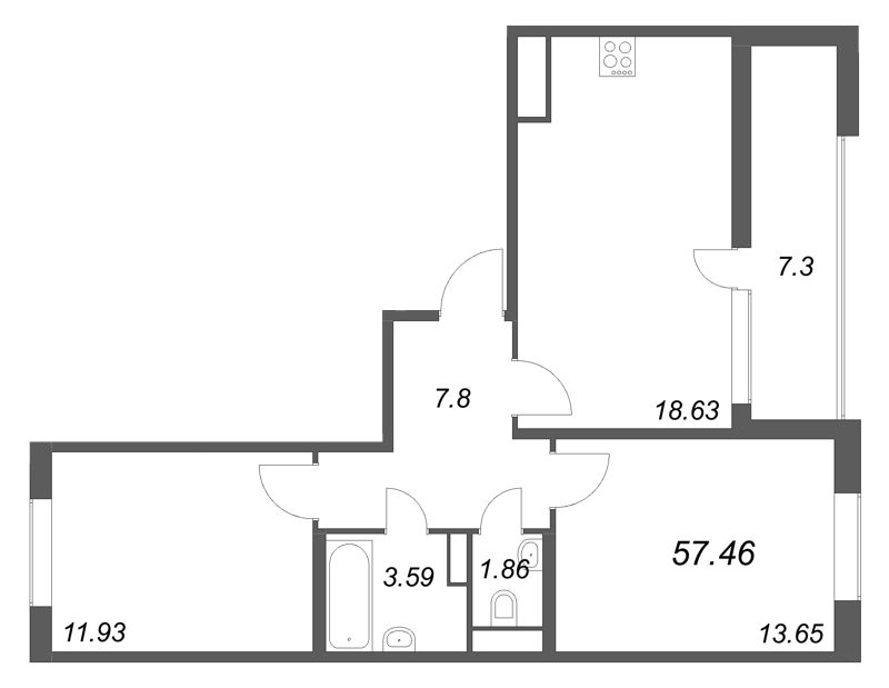 3-комнатная (Евро) квартира, 57.46 м² в ЖК "ЮгТаун" - планировка, фото №1