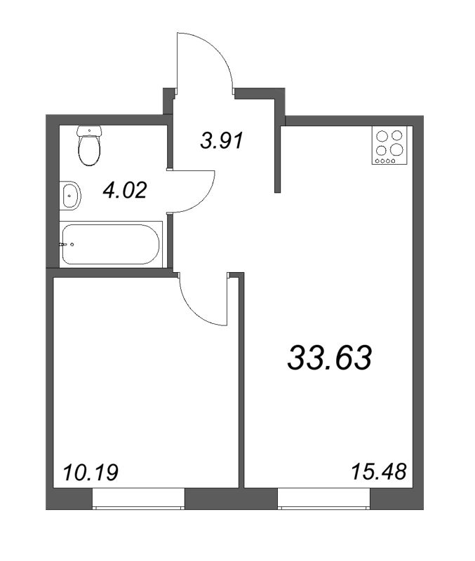 2-комнатная (Евро) квартира, 33.63 м² в ЖК "Новые горизонты" - планировка, фото №1
