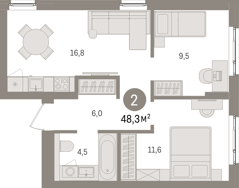 3-комнатная (Евро) квартира, 48.3 м² в ЖК "Брусника в Новоселье" - планировка, фото №1