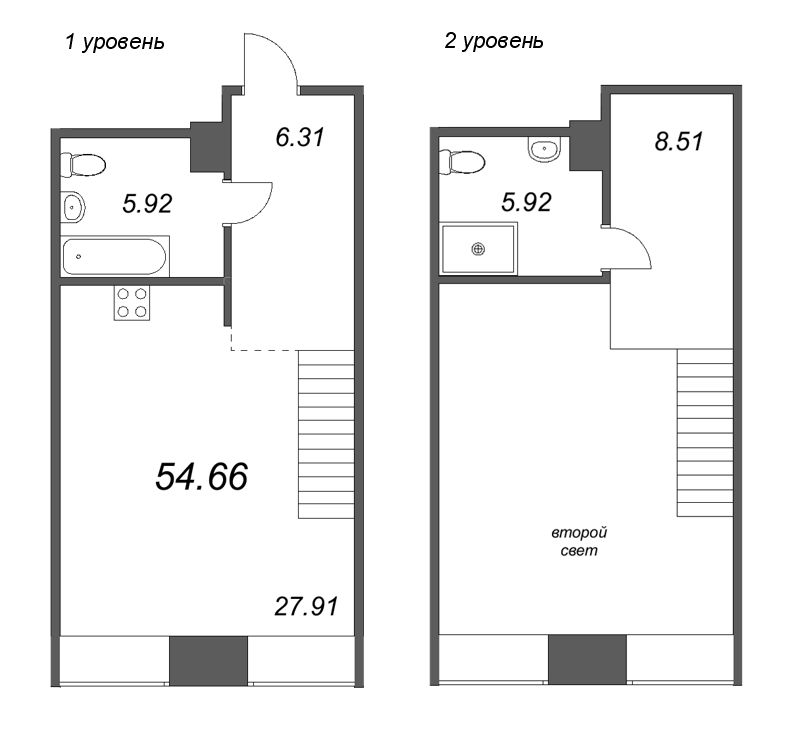 2-комнатная (Евро) квартира, 54.66 м² - планировка, фото №1