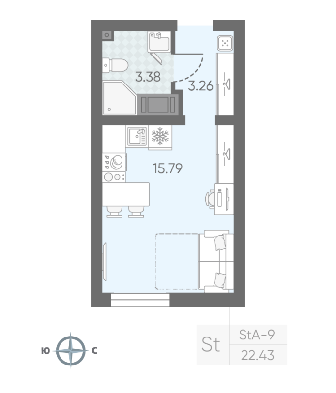 Квартира-студия, 22.43 м² в ЖК "Морская миля" - планировка, фото №1