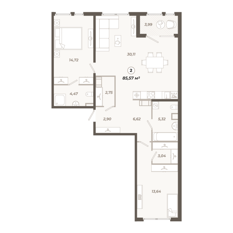 3-комнатная (Евро) квартира, 85.58 м² в ЖК "Знатный" - планировка, фото №1