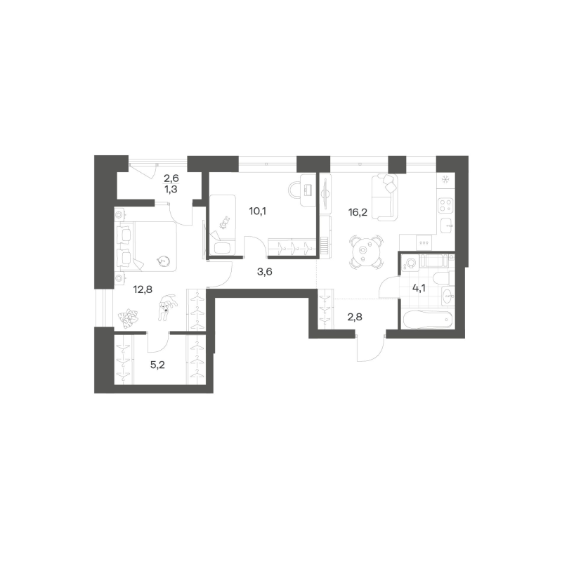 3-комнатная (Евро) квартира, 55.92 м² в ЖК "Новый Питер" - планировка, фото №1