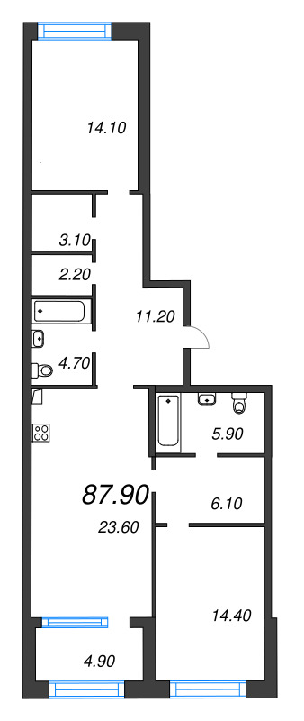 3-комнатная (Евро) квартира, 87.9 м² - планировка, фото №1