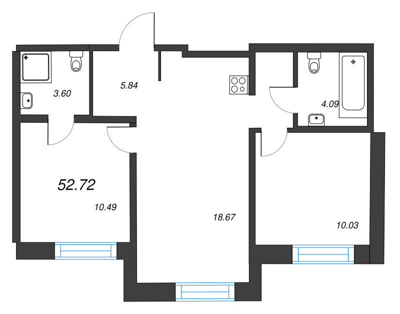 3-комнатная (Евро) квартира, 52.72 м² в ЖК "Alpen" - планировка, фото №1