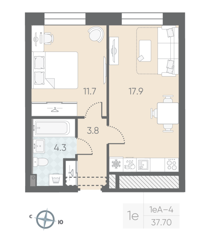 2-комнатная (Евро) квартира, 37.7 м² в ЖК "Большая Охта" - планировка, фото №1