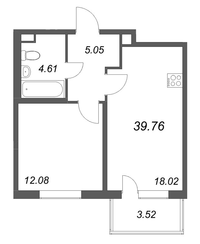 2-комнатная (Евро) квартира, 39.76 м² в ЖК "ЮгТаун" - планировка, фото №1