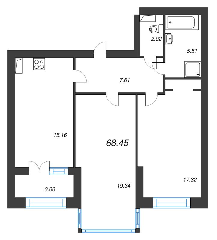 3-комнатная (Евро) квартира, 71.8 м² в ЖК "Наука" - планировка, фото №1