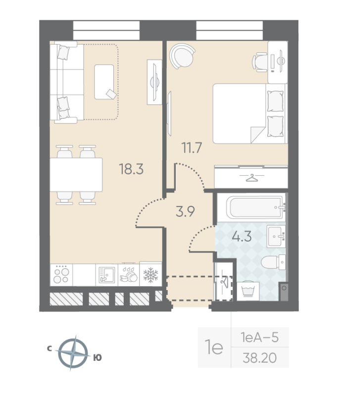 2-комнатная (Евро) квартира, 38.2 м² в ЖК "Большая Охта" - планировка, фото №1