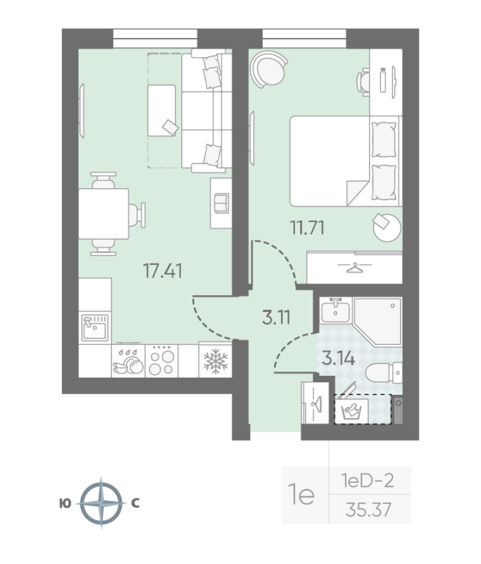 1-комнатная квартира, 35.37 м² в ЖК "Морская миля" - планировка, фото №1