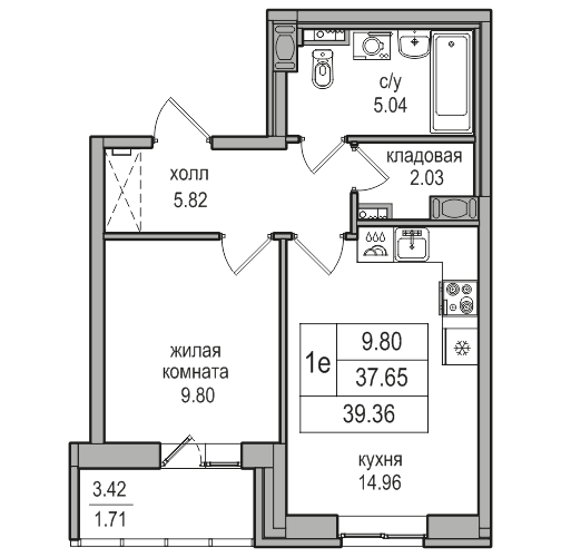 2-комнатная (Евро) квартира, 38.7 м² в ЖК "Северная Долина" - планировка, фото №1