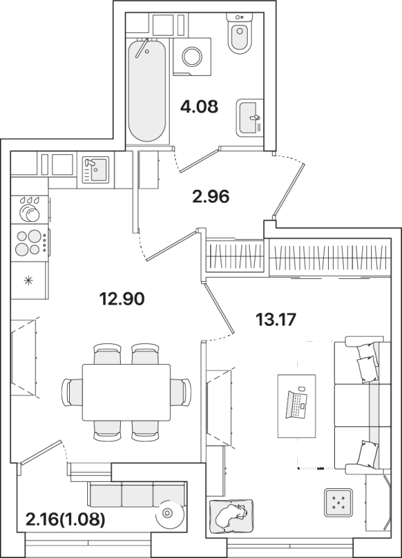 1-комнатная квартира, 34.19 м² в ЖК "Академик" - планировка, фото №1