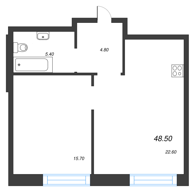 2-комнатная (Евро) квартира, 48.5 м² в ЖК "ЛДМ" - планировка, фото №1