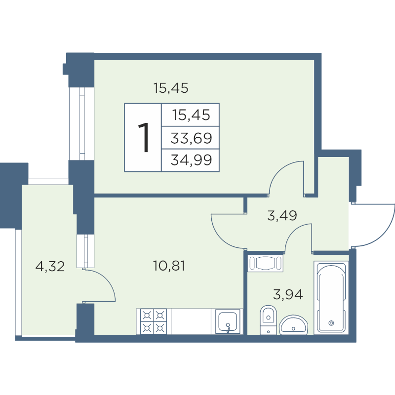 1-комнатная квартира, 34.99 м² в ЖК "Новый Лесснер" - планировка, фото №1