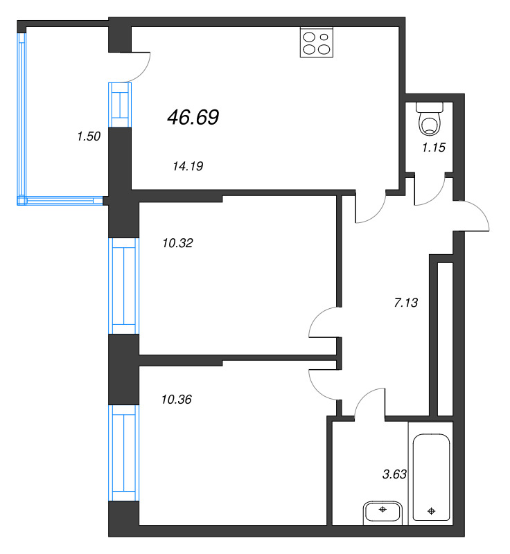 2-комнатная квартира, 48.28 м² - планировка, фото №1
