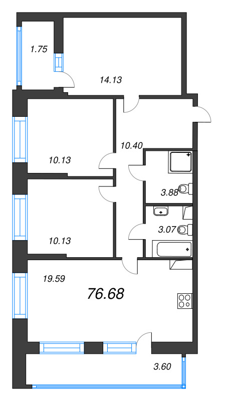4-комнатная (Евро) квартира, 76.68 м² - планировка, фото №1