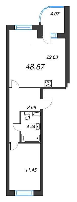 2-комнатная (Евро) квартира, 48.67 м² в ЖК "Энфилд" - планировка, фото №1