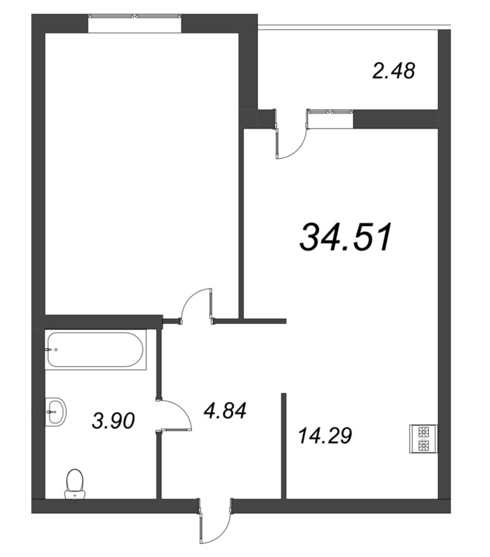 1-комнатная квартира, 34.51 м² - планировка, фото №1