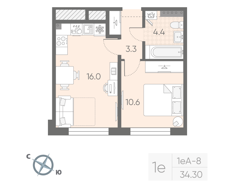 1-комнатная квартира, 34.3 м² в ЖК "Пулково Lake" - планировка, фото №1