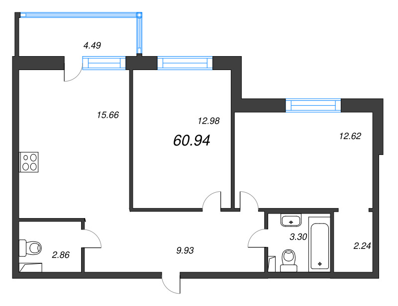 3-комнатная (Евро) квартира, 60.94 м² в ЖК "Энфилд" - планировка, фото №1