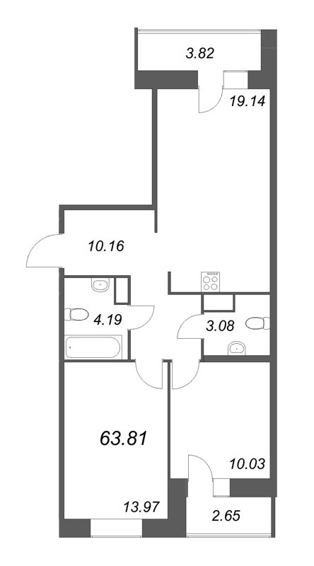 3-комнатная (Евро) квартира, 63.81 м² - планировка, фото №1