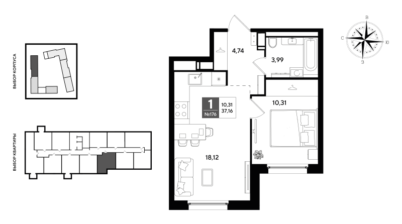 2-комнатная (Евро) квартира, 37.16 м² в ЖК "Догма Юкки 2" - планировка, фото №1